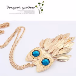 Women Fashion Golden Tone Leaves Owl Charm Pendant Long Chain Necklace