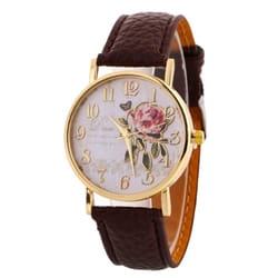 Wrist Watch Lady Digital Rose Round Dial With Artificial Leather Band Quartz Watch - brown