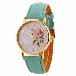 Wrist Watch Lady Digital Rose Round Dial With Artificial Leather Band Quartz Watch - light blue