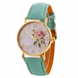 Wrist Watch Lady Digital Rose Round Dial With Artificial Leather Band Quartz Watch - light blue