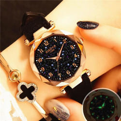 Women Luxury Watch Personality Romantic Luminous Starry Sky Wristwatch Leather Rhinestone Watch - black