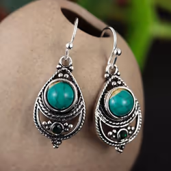 Vintage Fashion Jewelry Dangle Natural Gemstone Turquoise Earrings Hook 925 Silver