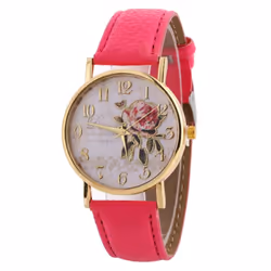 Wrist Watch Lady Digital Rose Round Dial With Artificial Leather Band Quartz Watch - rose red