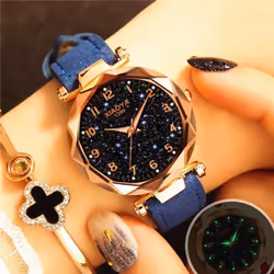 Women Luxury Watch Personality Romantic Luminous Starry Sky Wristwatch Leather Rhinestone Watch - blue