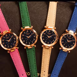 Women Luxury Watch Personality Romantic Luminous Starry Sky Wristwatch Leather Rhinestone Watch - blue