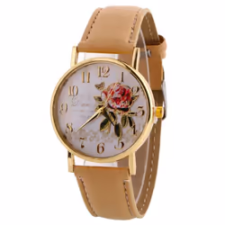 Wrist Watch Lady Digital Rose Round Dial With Artificial Leather Band Quartz Watch - beige