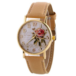 Wrist Watch Lady Digital Rose Round Dial With Artificial Leather Band Quartz Watch - beige