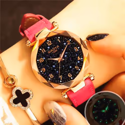 Women Luxury Watch Personality Romantic Luminous Starry Sky Wristwatch Leather Rhinestone Watch - pink