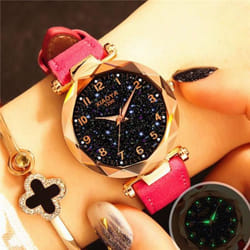 Women Luxury Watch Personality Romantic Luminous Starry Sky Wristwatch Leather Rhinestone Watch - pink