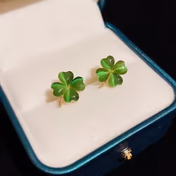 Lucky Cat&apos;s Eye Stone Four Leaf Clover Earrings For Women Green Delicate Stud Earring Elegant Jewelry Banquet Gift For Mom - green