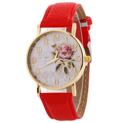 Wrist Watch Lady Digital Rose Round Dial With Artificial Leather Band Quartz Watch - red