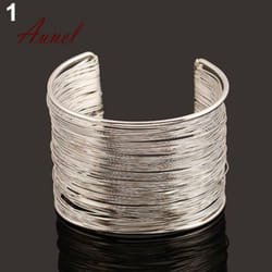 Fantastic Multilayer Metal Wires Strings Open Bangle Wide Cuff Bracelet - silver