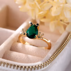 Cute Green Zircon Frog Ring For Women Unique Yellow Gold Color Animal Ring Personalized Jewelry - gold,green, 7