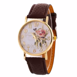 Women Arabic Number Rose Flower Round Dial Faux Leather Band Quartz Wrist Watch - brown