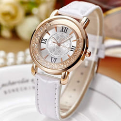 Women Fashion Leisure Set Auger Leather Analog Stainless Steel Watch - white