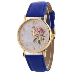 Wrist Watch Lady Digital Rose Round Dial With Artificial Leather Band Quartz Watch - blue