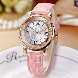 Watch New Women Fashion Luxury Leisure Set Auger Leather Analog Stainless Steel Quartz Watch - pink