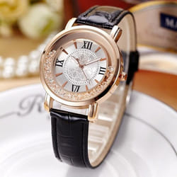 Watch New Women Fashion Luxury Leisure Set Auger Leather Analog Stainless Steel Quartz Watch - black