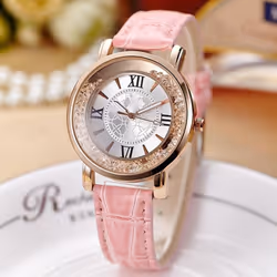 Watch New Women Fashion Luxury Leisure Set Auger Leather Analog Stainless Steel Quartz Watch - black