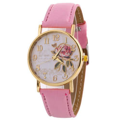 Wrist Watch Lady Digital Rose Round Dial With Artificial Leather Band Quartz Watch - pink