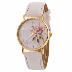 Wrist Watch Lady Digital Rose Round Dial With Artificial Leather Band Quartz Watch - white