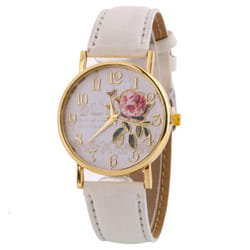 Wrist Watch Lady Digital Rose Round Dial With Artificial Leather Band Quartz Watch - white