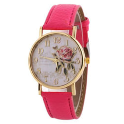 Women Arabic Number Rose Flower Round Dial Faux Leather Band Quartz Wrist Watch - rose red