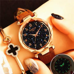 Women Luxury Watch Personality Romantic Luminous Starry Sky Wristwatch Leather Rhinestone Watch - brown