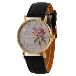 Wrist Watch Lady Digital Rose Round Dial With Artificial Leather Band Quartz Watch - black