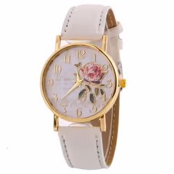 Women Arabic Number Rose Flower Round Dial Faux Leather Band Quartz Wrist Watch - white