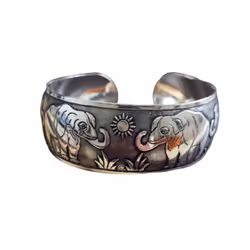 Women Vintage Ethnic Style Open Jewelry Tibetan Bangle Wide Cuff Bracelet - Elephant