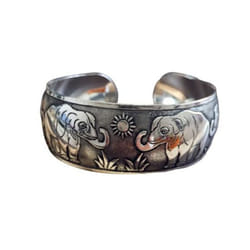 Women Vintage Ethnic Style Open Jewelry Tibetan Bangle Wide Cuff Bracelet - Elephant