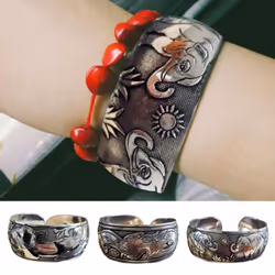 Women Vintage Ethnic Style Open Jewelry Tibetan Bangle Wide Cuff Bracelet - Fish