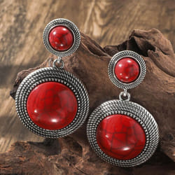New Bohemian Vintage Ethnic Style Earrings Fashion Texture Green Stone Earrings Retro Women&apos;s Fashion Style Round Earrings - red, 3.7*6.1cm