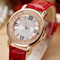 Watch New Women Fashion Luxury Leisure Set Auger Leather Analog Stainless Steel Quartz Watch - red