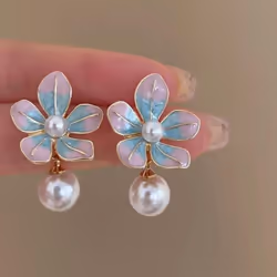 New Korean Fashion Exquisite Pink Blue Enamels Flowers Pearls Earrings for Women Retro Oil Painting Style Pendant Earring Gif ...