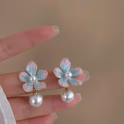 New Korean Fashion Exquisite Pink Blue Enamels Flowers Pearls Earrings for Women Retro Oil Painting Style Pendant Earring Gifts