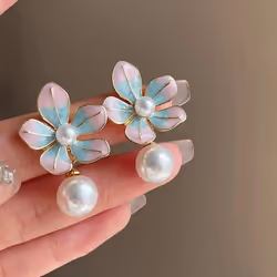 New Korean Fashion Exquisite Pink Blue Enamels Flowers Pearls Earrings for Women Retro Oil Painting Style Pendant Earring Gifts