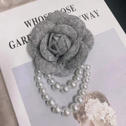1pc Jewelry Gift Brooch Pin Pearl Tassel Vintage Camellia Flower Fabric Corsage Women&apos;s - gray
