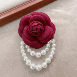 1pc Jewelry Gift Brooch Pin Pearl Tassel Vintage Camellia Flower Fabric Corsage Women&apos;s - burgundy