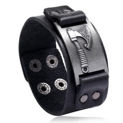 Nordic Viking Battle Axe Cowhide Bracelet Vintage Simple Punk Bracelet Men&apos;s Motorcycle Wide Leather Bracelet - black, 23.5CM