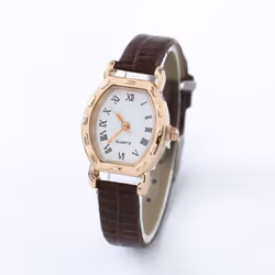 Vintage Simple Women Quartz Watches Clock Retro Fashion Solid Color Faux Leather Thin Band Belt Strap Wrist Watch - coffee