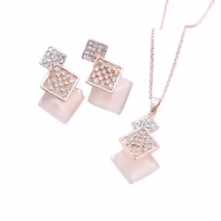 Women Squares Shape Pendant Chain Necklace Earrings Jewelry Set