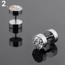 Sp 2 Pcs Men Barbell Punk Stainless Steel Crystal Stone Ear Stud Earrings Jewelry Trinket - silver