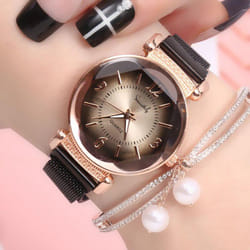 Women Watch Fashion Wild New Watch Milan Magnet Buckle Luxury Fashion Ladies Geometric Roman Numeral Quartz Movement Watch - black