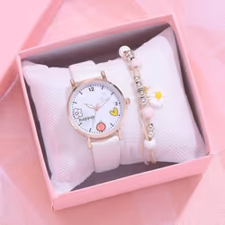 Cartoon Pattern Quartz Watch And Bracelet - White