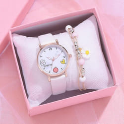 Cartoon Pattern Quartz Watch And Bracelet - White