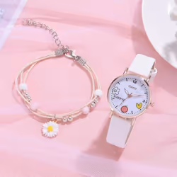 Cartoon Pattern Quartz Watch And Bracelet - White