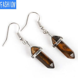 European And American Popular Classic Earrings Natural Crystal Semi Gem Pendant In Hexagonal Prism Bullet Head Earrings - tigereye