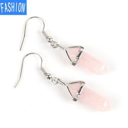 European And American Popular Classic Earrings Natural Crystal Semi Gem Pendant In Hexagonal Prism Bullet Head Earrings - rosequartz